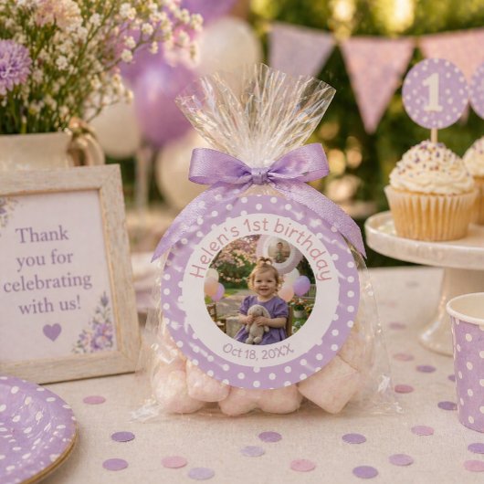 Personalized Purple Polka Dot Photo 1st Birthday  ラウンドシール