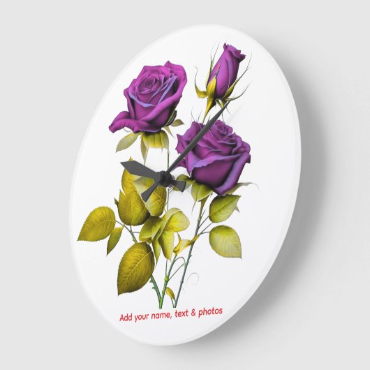 Personalized Purple Rose Wall Clock | Add Your ラージ壁時計 (傾斜)