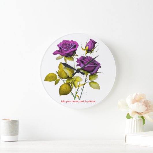 Personalized Purple Rose Wall Clock | Add Your ラージ壁時計 (ホーム)