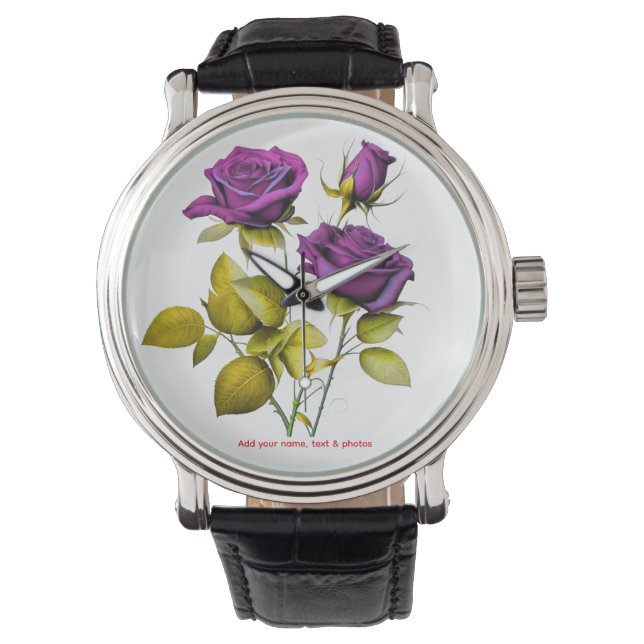 Personalized Purple Rose Watch | Add Your Name 腕時計 (正面)