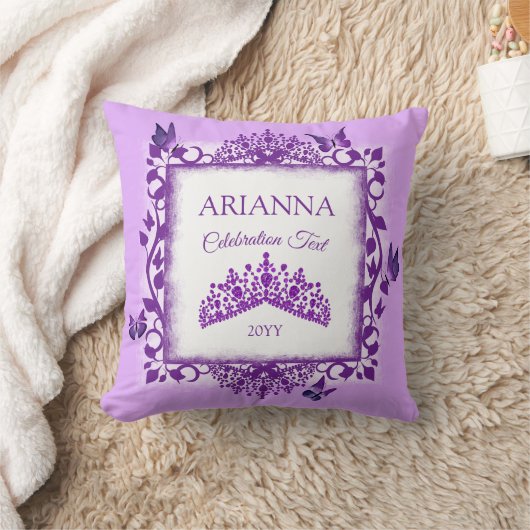 Personalized Purple Tiara & Butterflies Keepsake クッション (ブランケット)