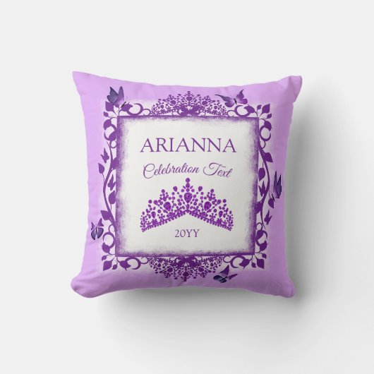Personalized Purple Tiara & Butterflies Keepsake クッション (正面)