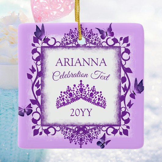 Personalized Purple Tiara & Butterflies Keepsake セラミックオーナメント