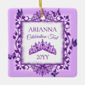 Personalized Purple Tiara & Butterflies Keepsake セラミックオーナメント (正面)