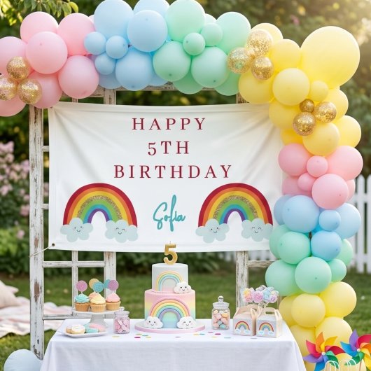 Personalized Rainbow 5th Birthday Banner Cute Girl 横断幕