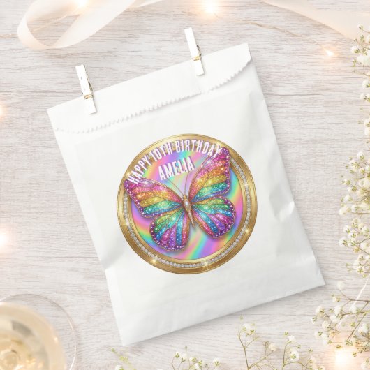 Personalized Rainbow Glitter Butterfly フェイバーバッグ (クリップ留めされた状態)