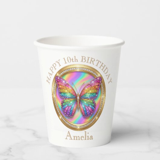 Personalized Rainbow Glitter Butterfly Party Cups 紙コップ (正面)