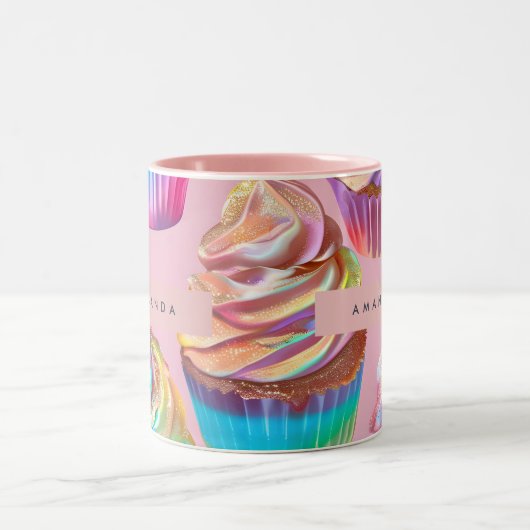 Personalized Rainbow Pastel Cupcake with Glitter ツートーンマグカップ (中央)