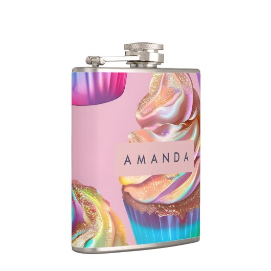 Personalized Rainbow Pastel Cupcake with Glitter フラスク (右)
