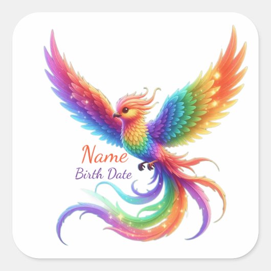 Personalized Rainbow Phoenix Name Birthdate Gift スクエアシール (正面)