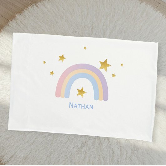 Personalized Rainbow Pillow Cover with Gold Stars  枕カバー