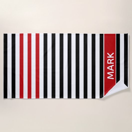 Personalized Red Black And White Multi Stripe ビーチタオル (正面)