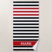 Personalized Red Black And White Multi Stripe ビーチタオル (正面)