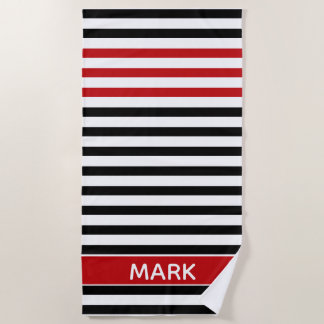 Personalized Red Black And White Multi Stripe ビーチタオル