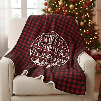 Personalized Red & Black Plaid Merry Christmas シェルパブランケット