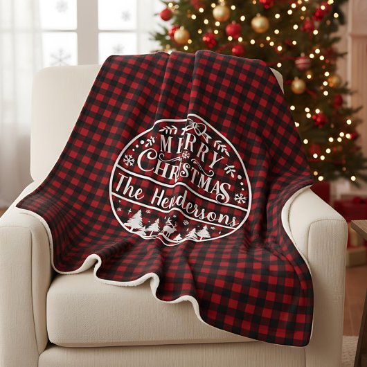 Personalized Red & Black Plaid Merry Christmas シェルパブランケット