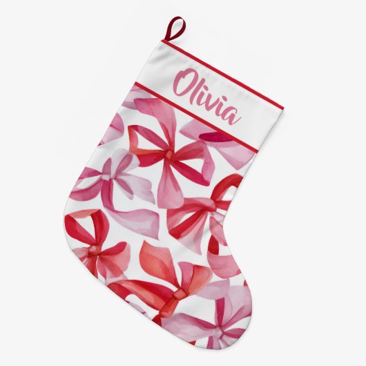 Personalized Red Bows & Ribbons Christmas Stocking ラージクリスマスストッキング (正面 (吊り時))