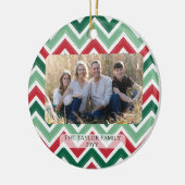 Personalized Red Green Chevron Christmas Photo セラミックオーナメント (左)