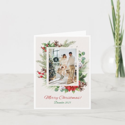 Personalized Red & Green Floral Christmas Card シーズンカード (正面)