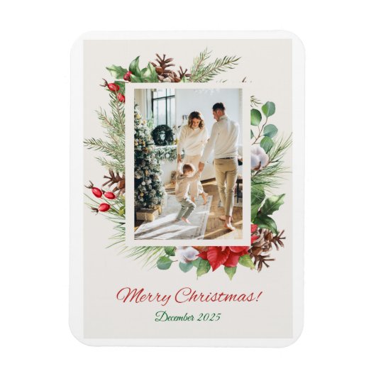 Personalized Red & Green Floral Christmas Card  マグネット (縦)