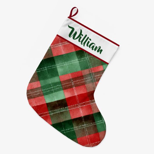 Personalized Red & Green Plaid Christmas Stocking  ラージクリスマスストッキング (正面 (吊り時))