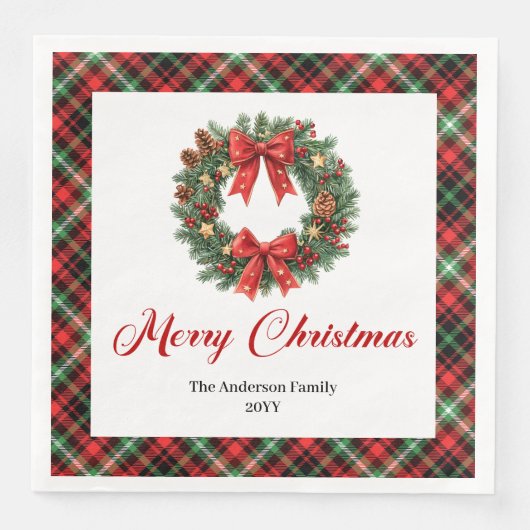 Personalized Red Green Plaid Christmas Wreath (正面)