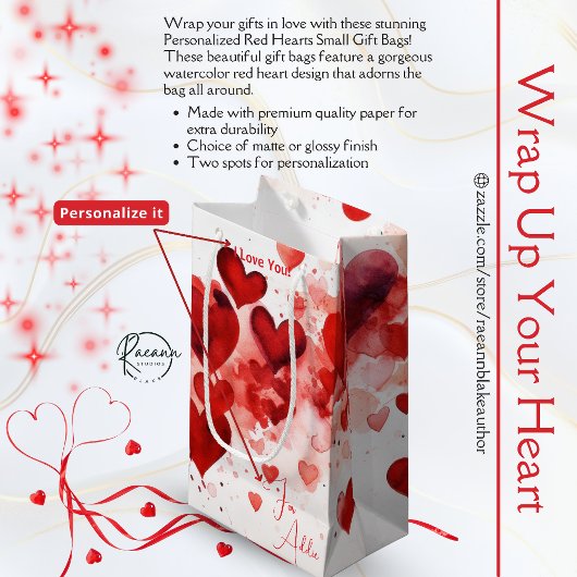 Personalized Red Hearts Small Gift Bag スモールペーパーバッグ