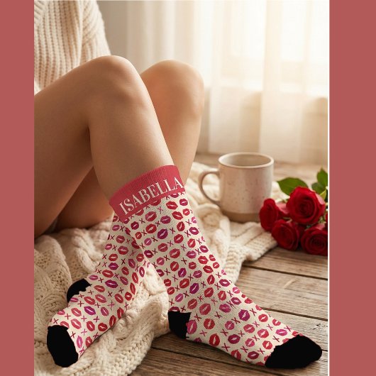 Personalized Red Lips & XOXO Valentine’s Day Name ソックス