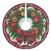 Personalized Red Tartan Plaid Christmas Tree Skirt フェイクリネンツリースカート (正面)