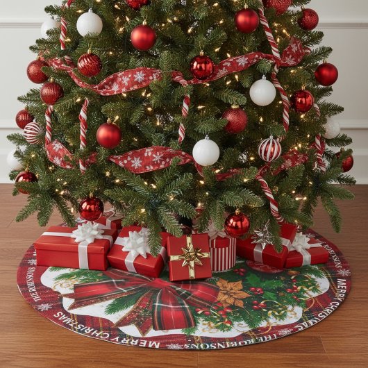 Personalized Red Tartan Plaid Christmas Tree Skirt フェイクリネンツリースカート