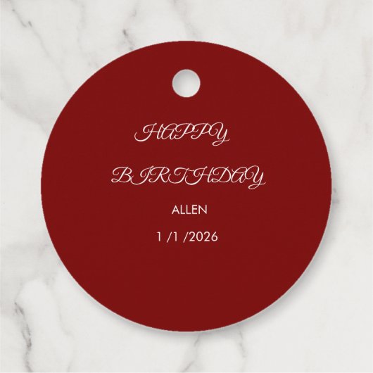 Personalized Red & White "Happy Birthday"Round フェイバータグ (裏面)