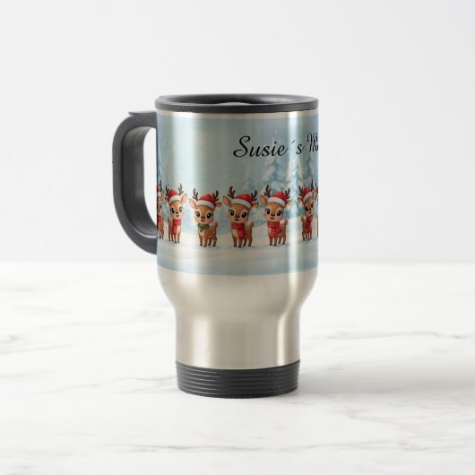 Personalized Reindeer Travel Mug, Custom Name, Chr トラベルマグ (正面左)