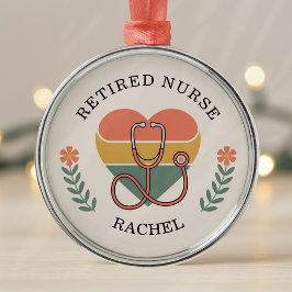 Personalized Retired Nurse Retro Heart メタルオーナメント