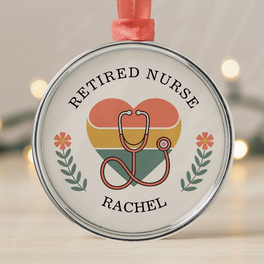Personalized Retired Nurse Retro Heart メタルオーナメント