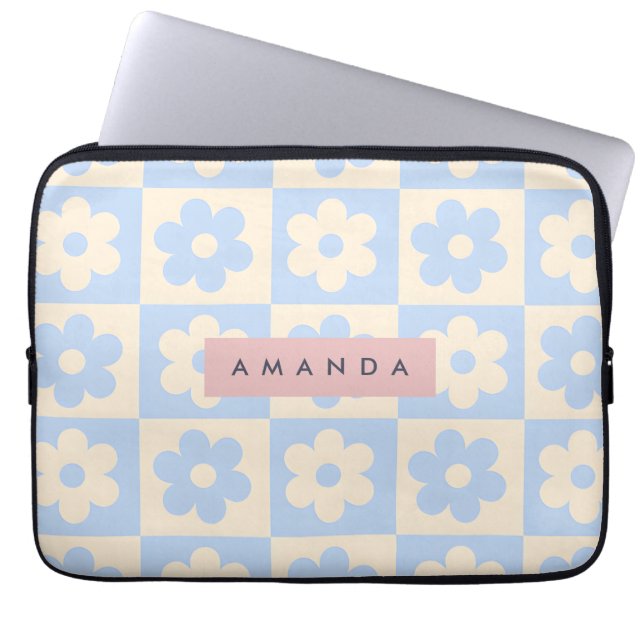 Personalized Retro Blue Daisy Pastel Flower ラップトップスリーブ (正面)