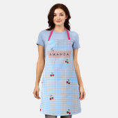 Personalized Retro Blue Gingham Cherry Print  エプロン (着用した状態)