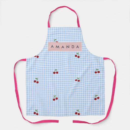 Personalized Retro Blue Gingham Cherry Print  エプロン (正面)