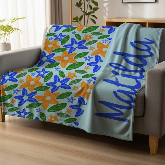 Personalized Retro Blue & Orange Floral  フリースブランケット