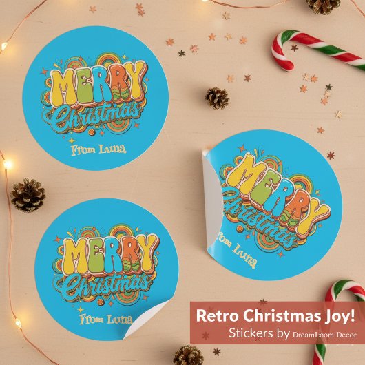 Personalized Retro Christmas Groovy Name  ラウンドシール