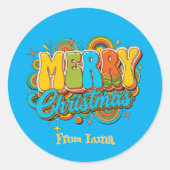 Personalized Retro Christmas Groovy Name  ラウンドシール (正面)