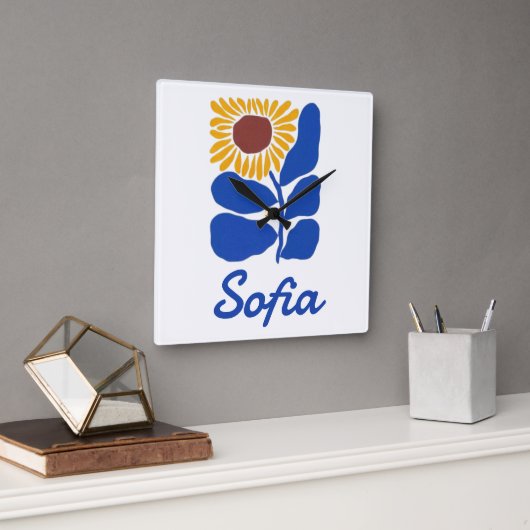 Personalized Retro Floral Daisy Custom Name Gift スクエア壁時計 (オフィス)