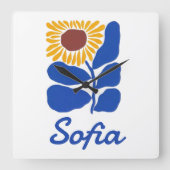 Personalized Retro Floral Daisy Custom Name Gift スクエア壁時計 (正面)