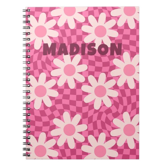 Personalized Retro Groovy Pink Daisy Flower Hippie ノートブック (正面)
