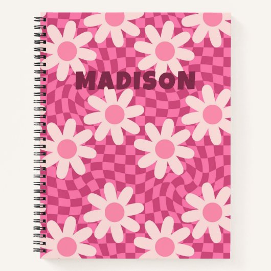 Personalized Retro Groovy Pink Daisy Flower Hippie ノートブック (正面)
