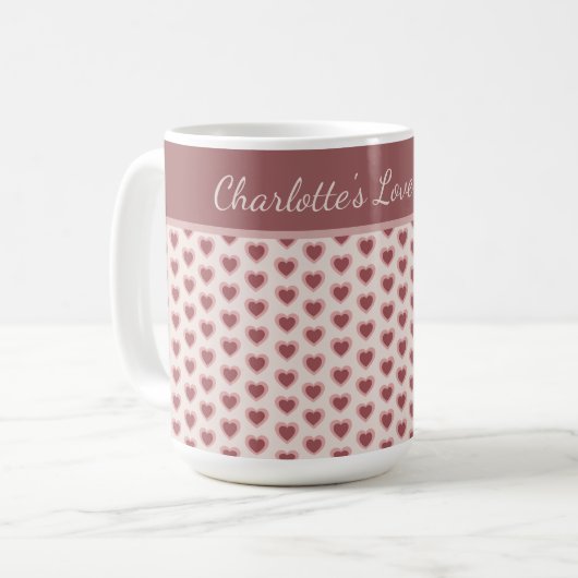 Personalized Retro Hearts Pink Burgundy コーヒーマグカップ (正面左)