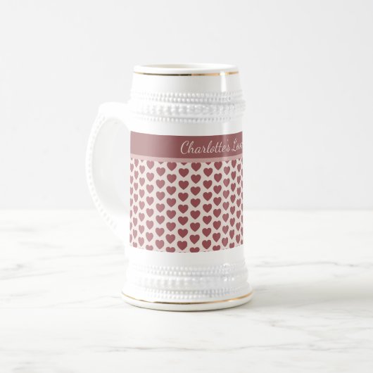 Personalized Retro Hearts Pink Burgundy ビールジョッキ (正面左)