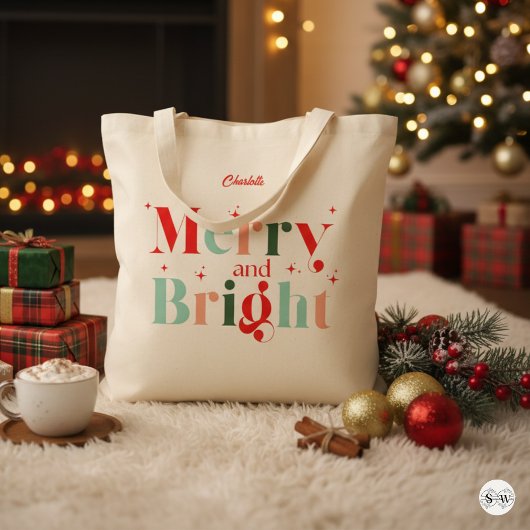 Personalized Retro Merry and Bright Christmas トートバッグ