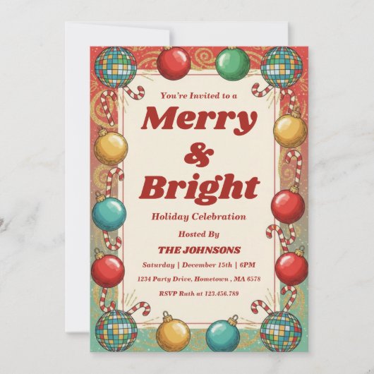 Personalized Retro Merry & Bright Holiday Party 招待状 (正面)
