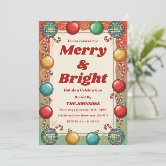 Personalized Retro Merry & Bright Holiday Party 招待状 (スタンド正面)