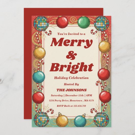Personalized Retro Merry & Bright Holiday Party 招待状 (正面/裏面)